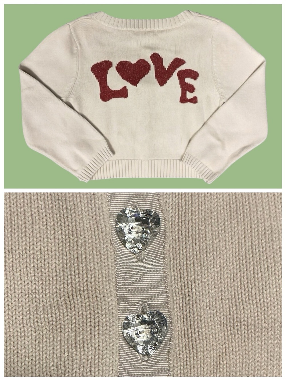 Vintage Betsey Johnson Cardigan Sweater Cream Red Heart Love Cropped Knit Y2K M